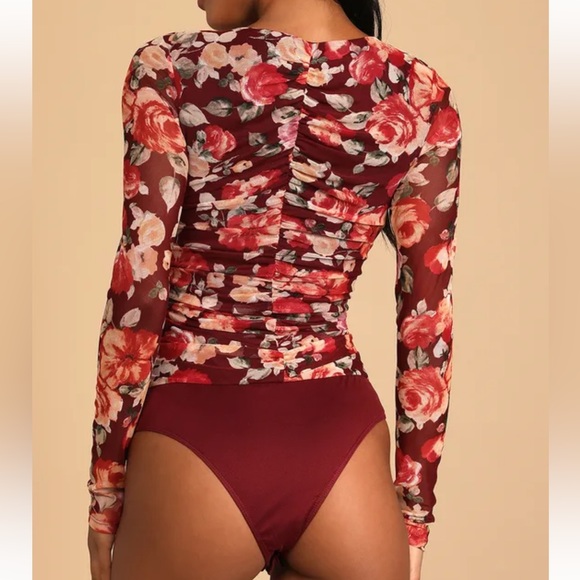 Beyond Blooms Burgundy Floral Print Ruched Long Sleeve Bodysuit - Picture 5 of 5